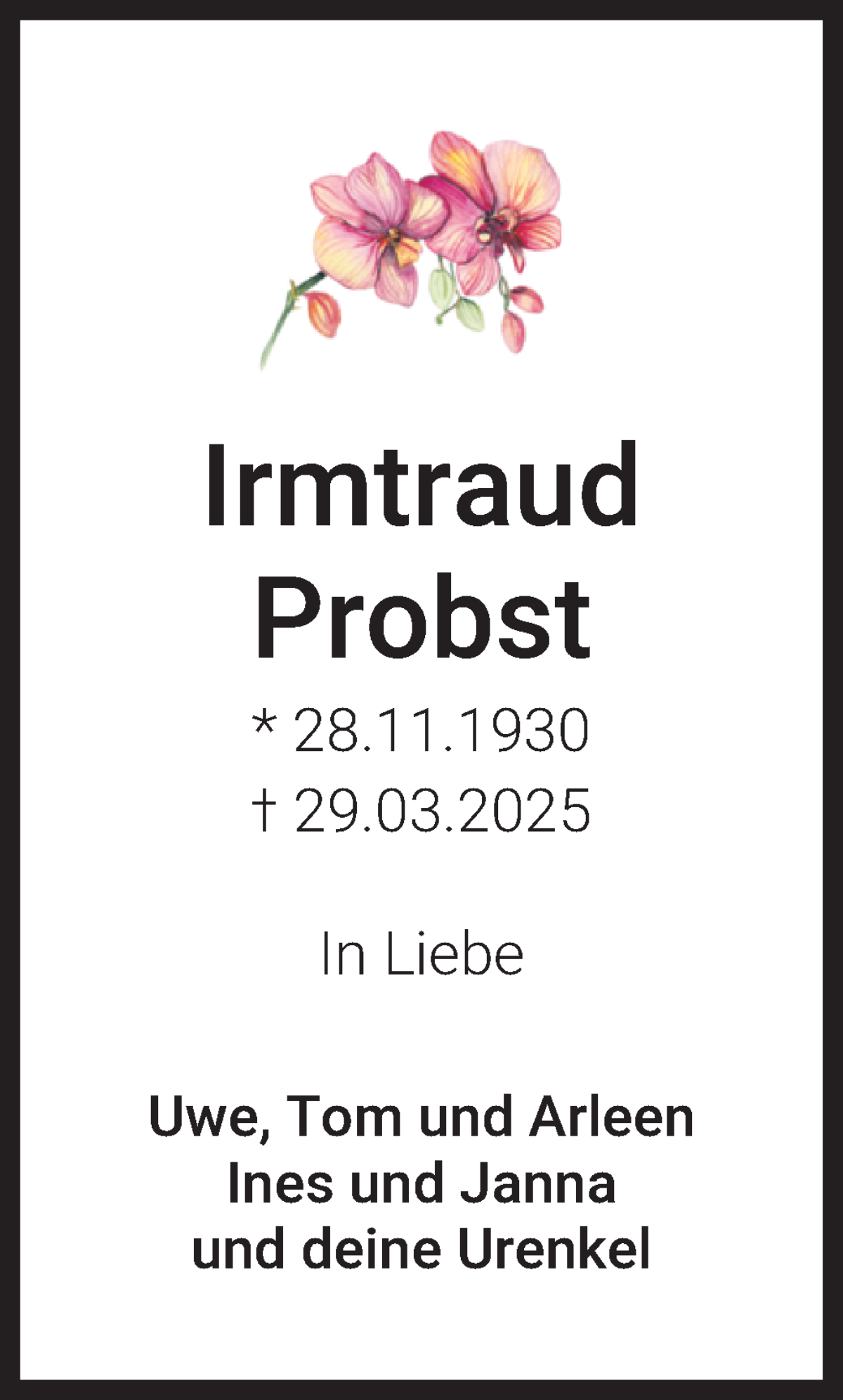 Traueranzeige von Irmtraud Probst von Osterholzer Kreisblatt