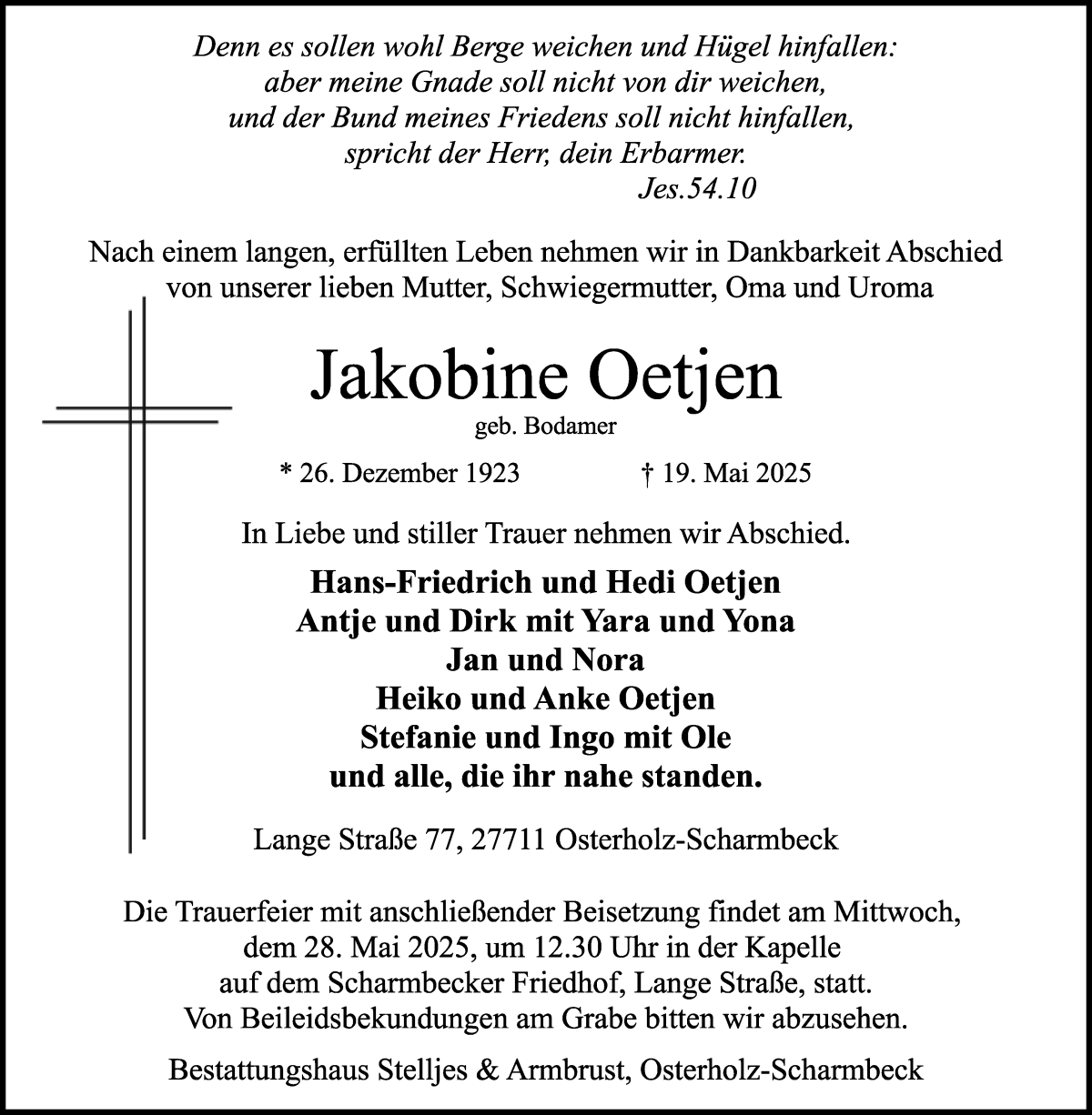 Traueranzeige von Jakobine Oetjen von Osterholzer Kreisblatt