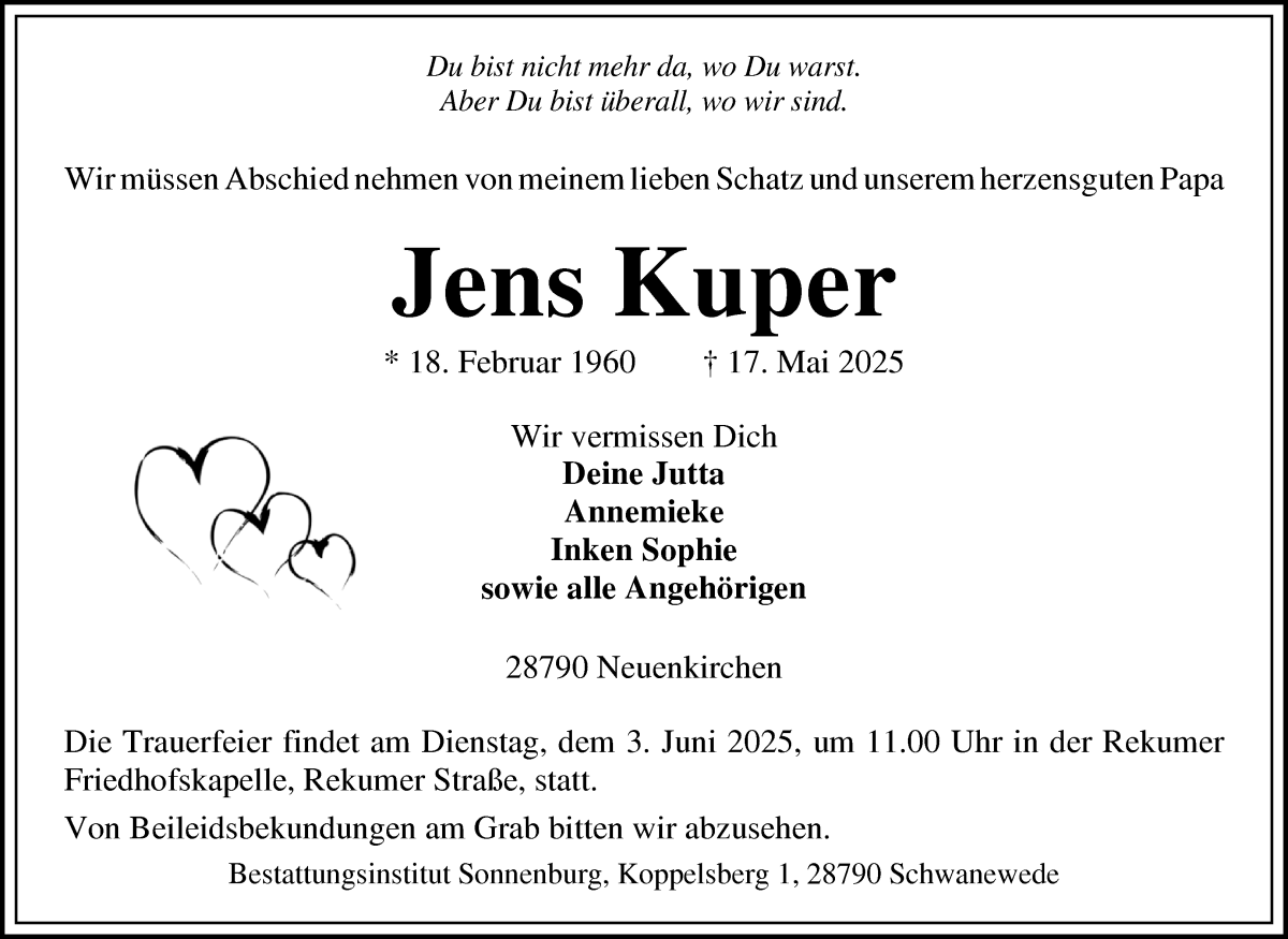 Traueranzeige von Jens Kuper von Die Norddeutsche