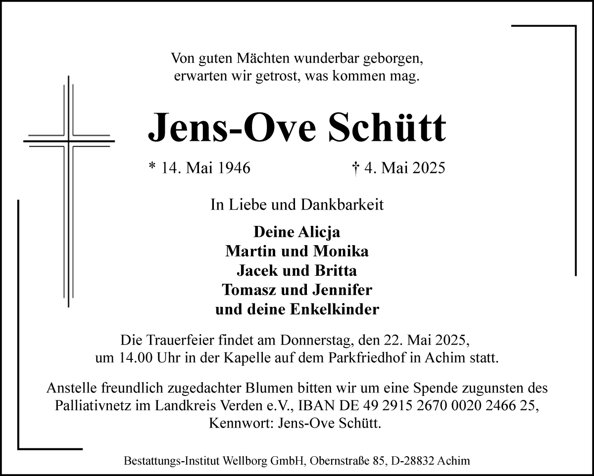Traueranzeige von Jens-Ove Schütt von WESER-KURIER