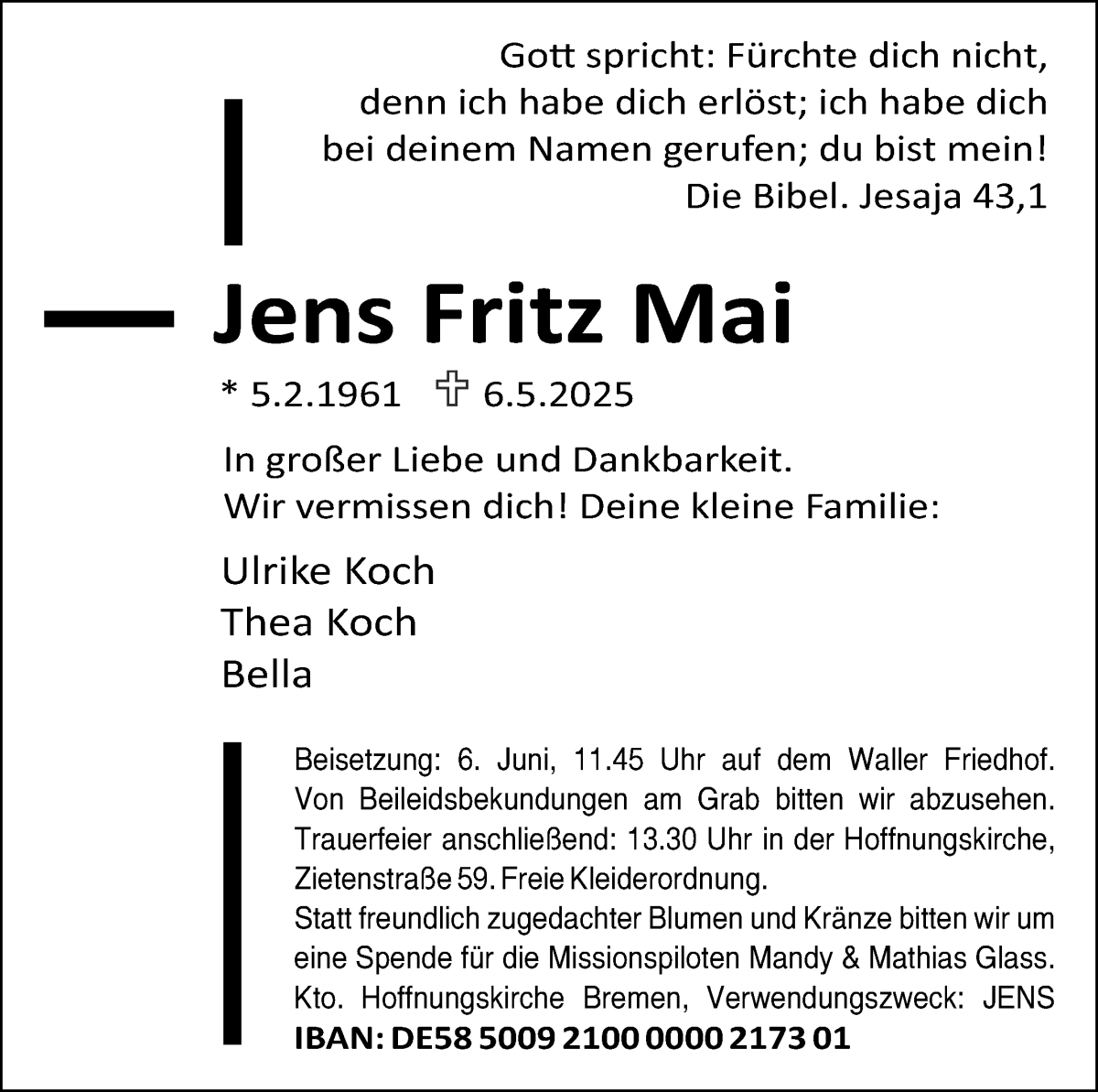 Traueranzeige von Jens Fritz Mai von WESER-KURIER