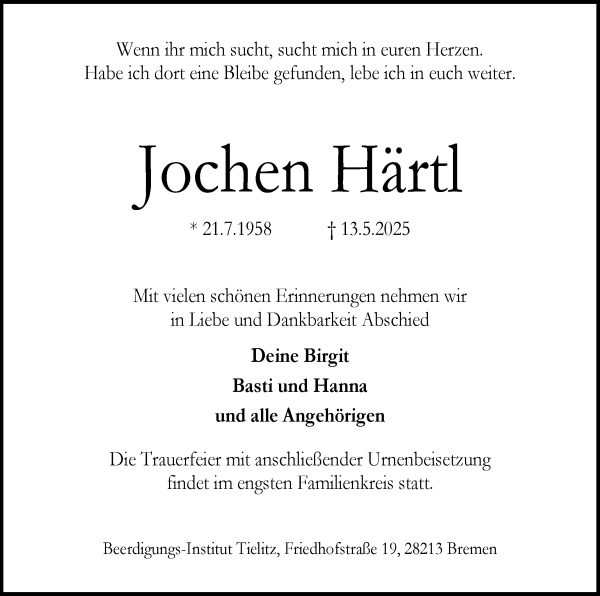 Traueranzeige von Jochen Härtl von WESER-KURIER