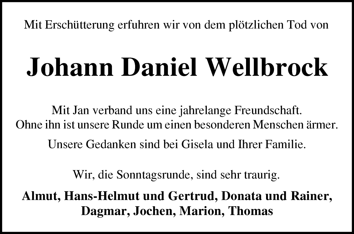Traueranzeige von Johann Daniel Wellbrock von Osterholzer Kreisblatt