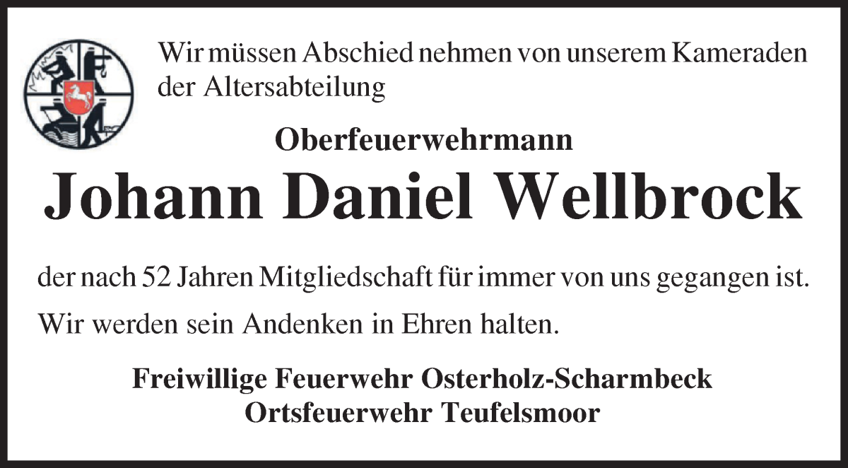 Traueranzeige von Johann Daniel Wellbrock von Osterholzer Kreisblatt