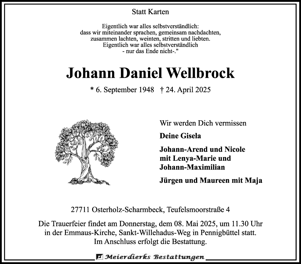Traueranzeige von Johann Daniel Wellbrock von Wuemme Zeitung