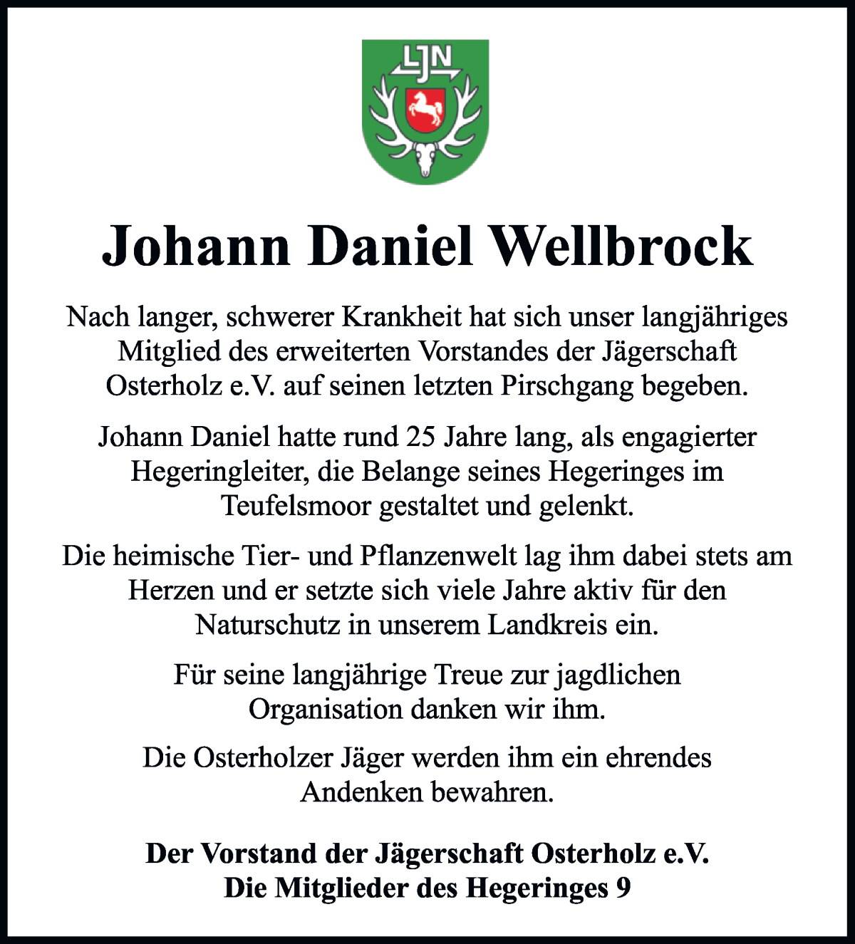 Traueranzeige von Johann Daniel Wellbrock von Wuemme Zeitung