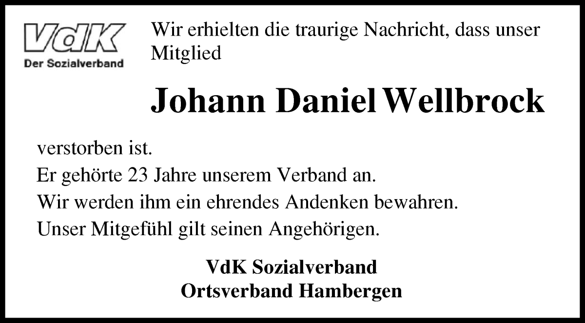 Traueranzeige von Johann Daniel Wellbrock von Osterholzer Kreisblatt