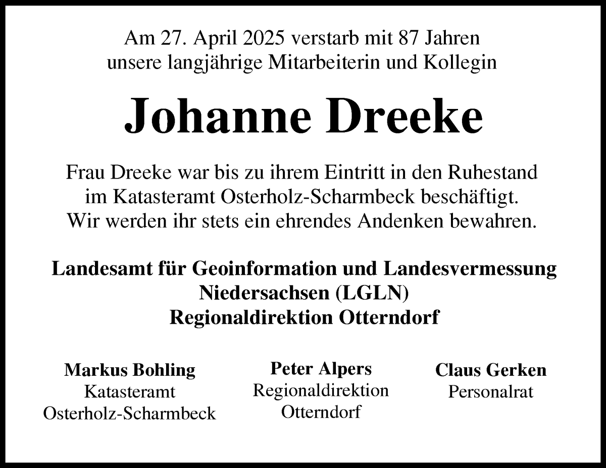 Traueranzeige von Johanne Dreeke von Osterholzer Kreisblatt