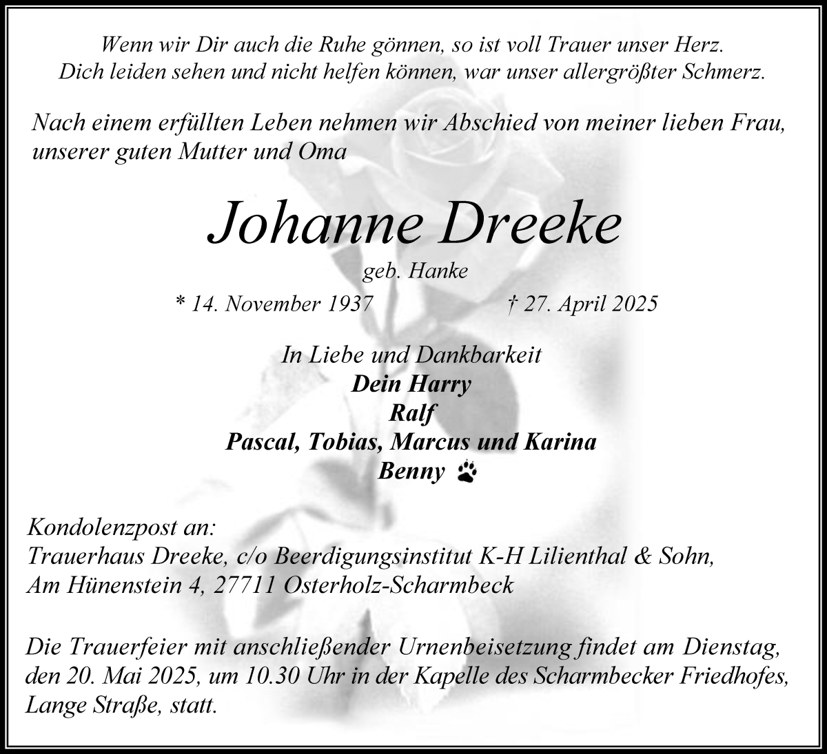 Traueranzeige von Johanne Dreeke von Osterholzer Kreisblatt