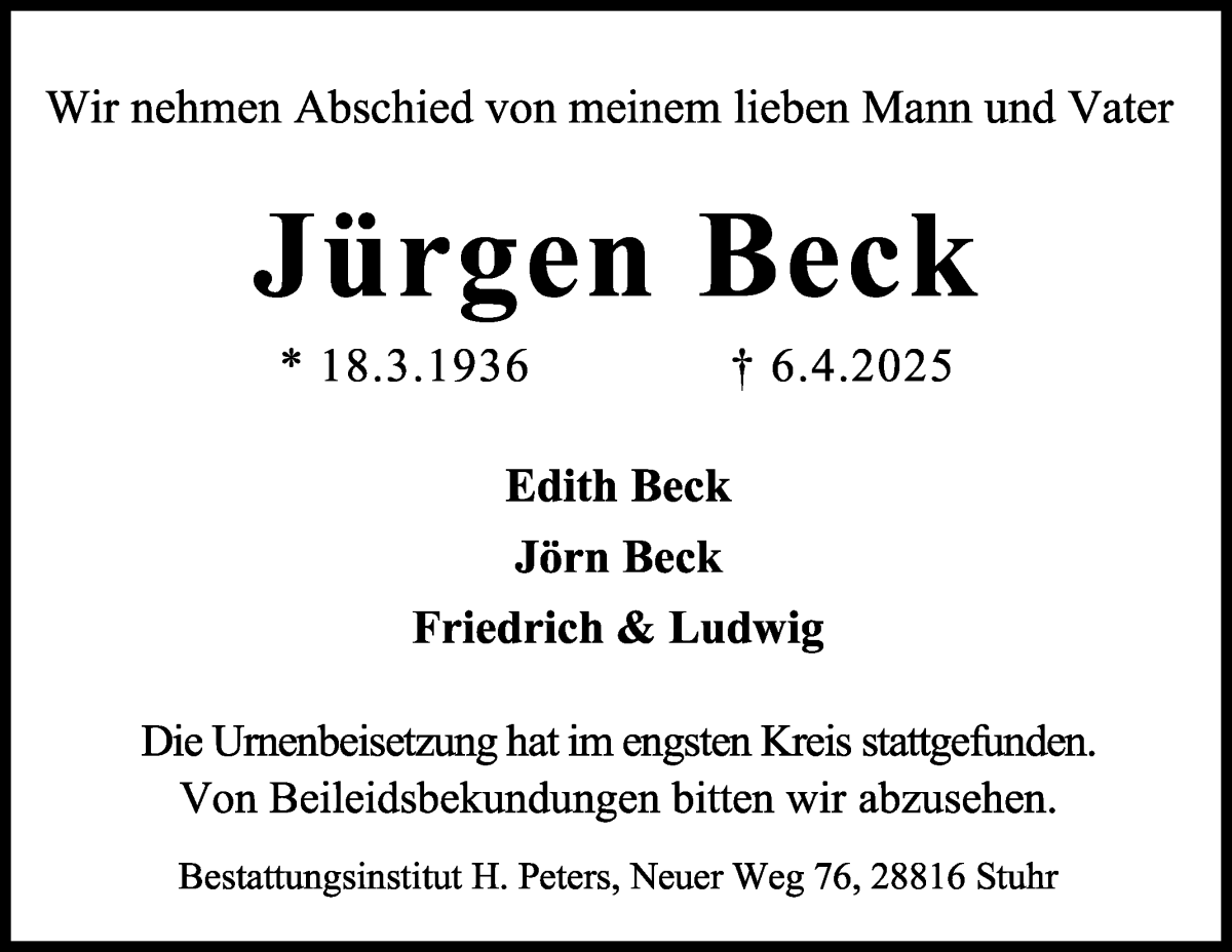 Traueranzeige von Jürgen Beck von WESER-KURIER