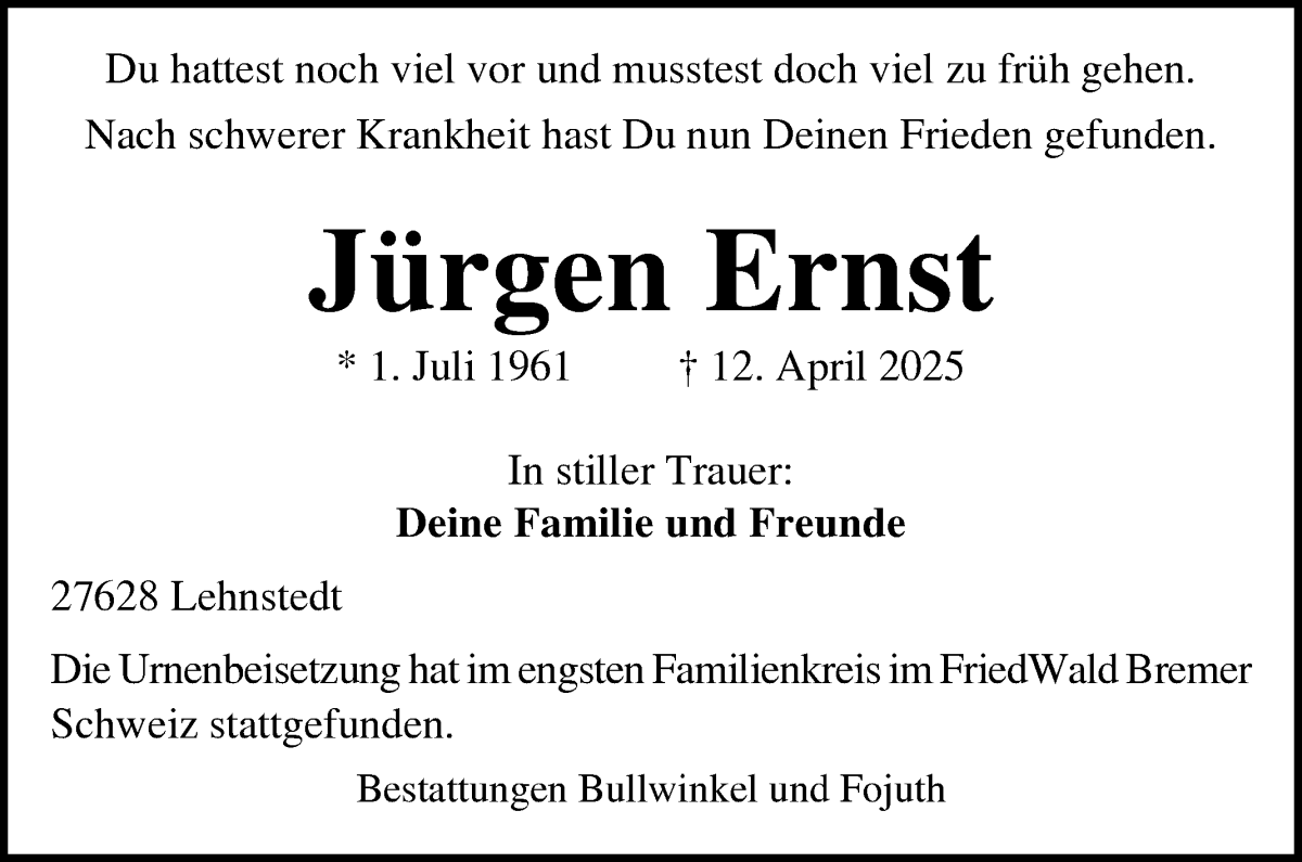 Traueranzeige von Jürgen Ernst von Die Norddeutsche