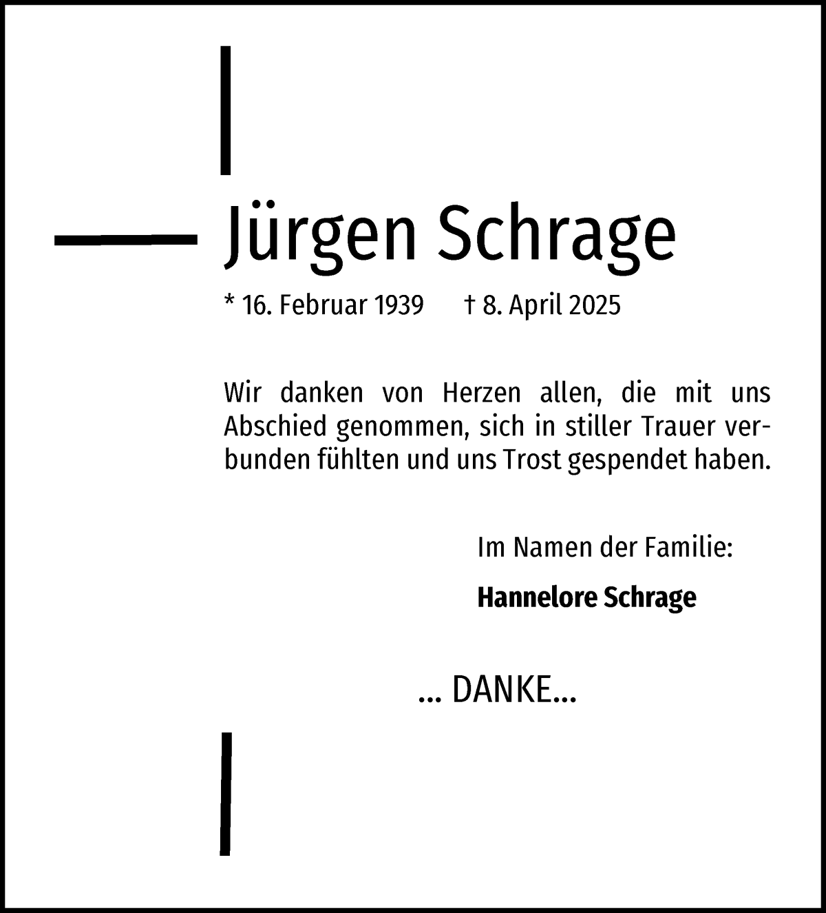 Traueranzeige von Jürgen Schrage von Die Norddeutsche