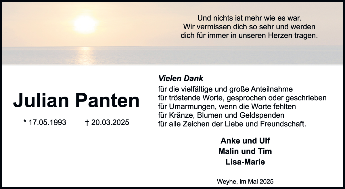 Traueranzeige von Julian Panten von Regionale Rundschau/Syker Kurier