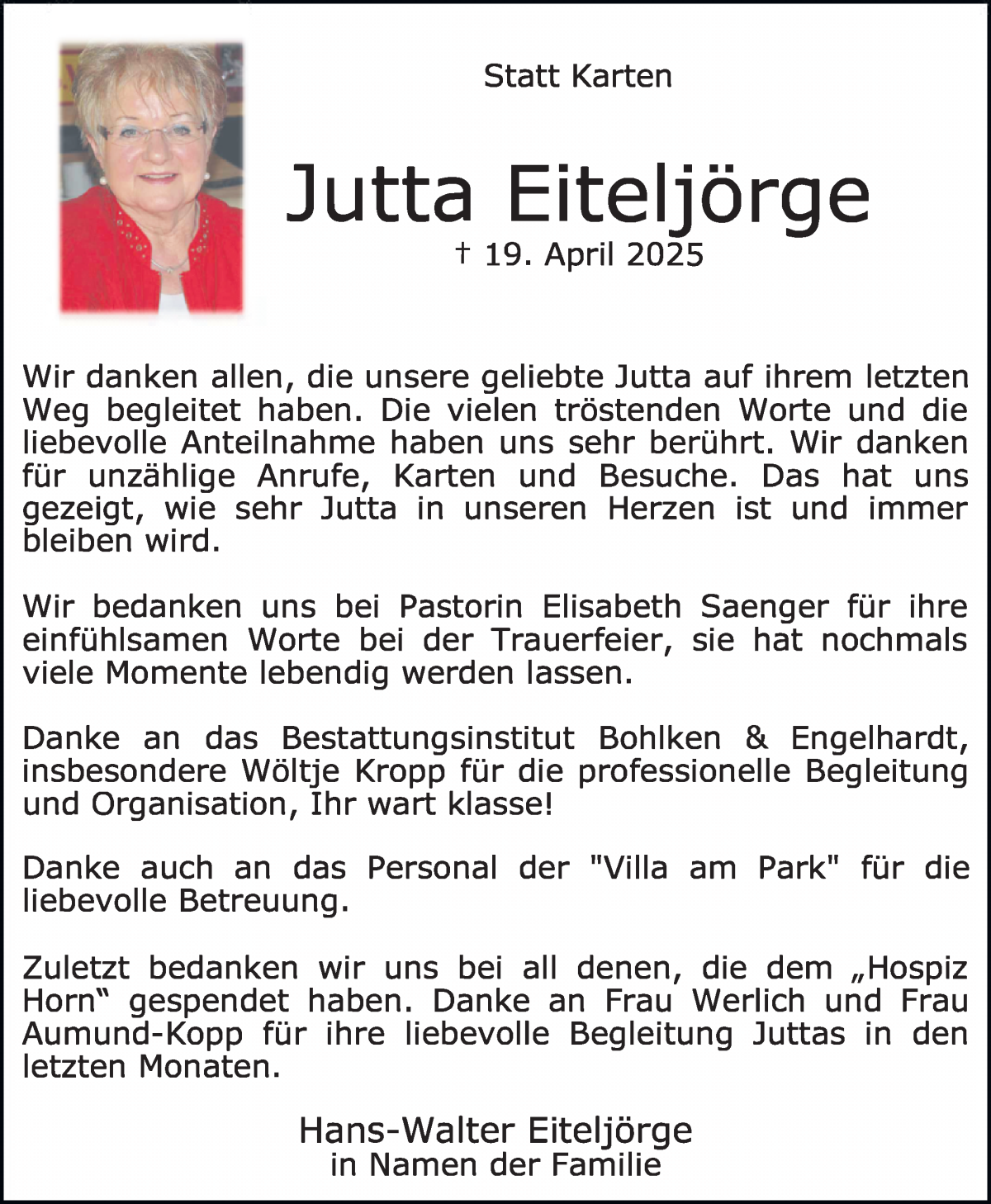 Traueranzeige von Jutta Eiteljörge von WESER-KURIER