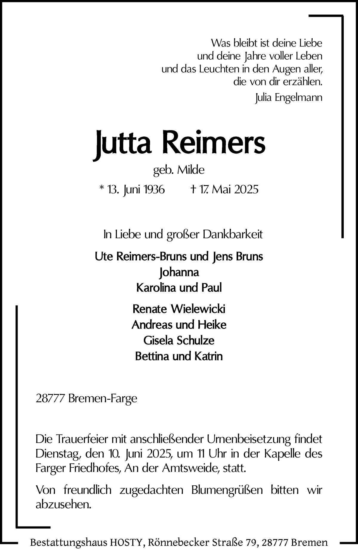 Traueranzeige von Jutta Reimers von WESER-KURIER