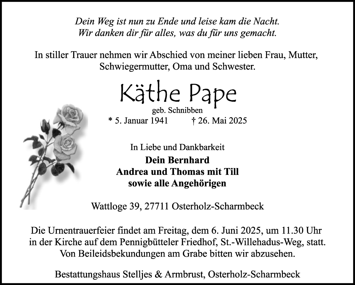 Traueranzeige von Käthe Pape von Osterholzer Kreisblatt