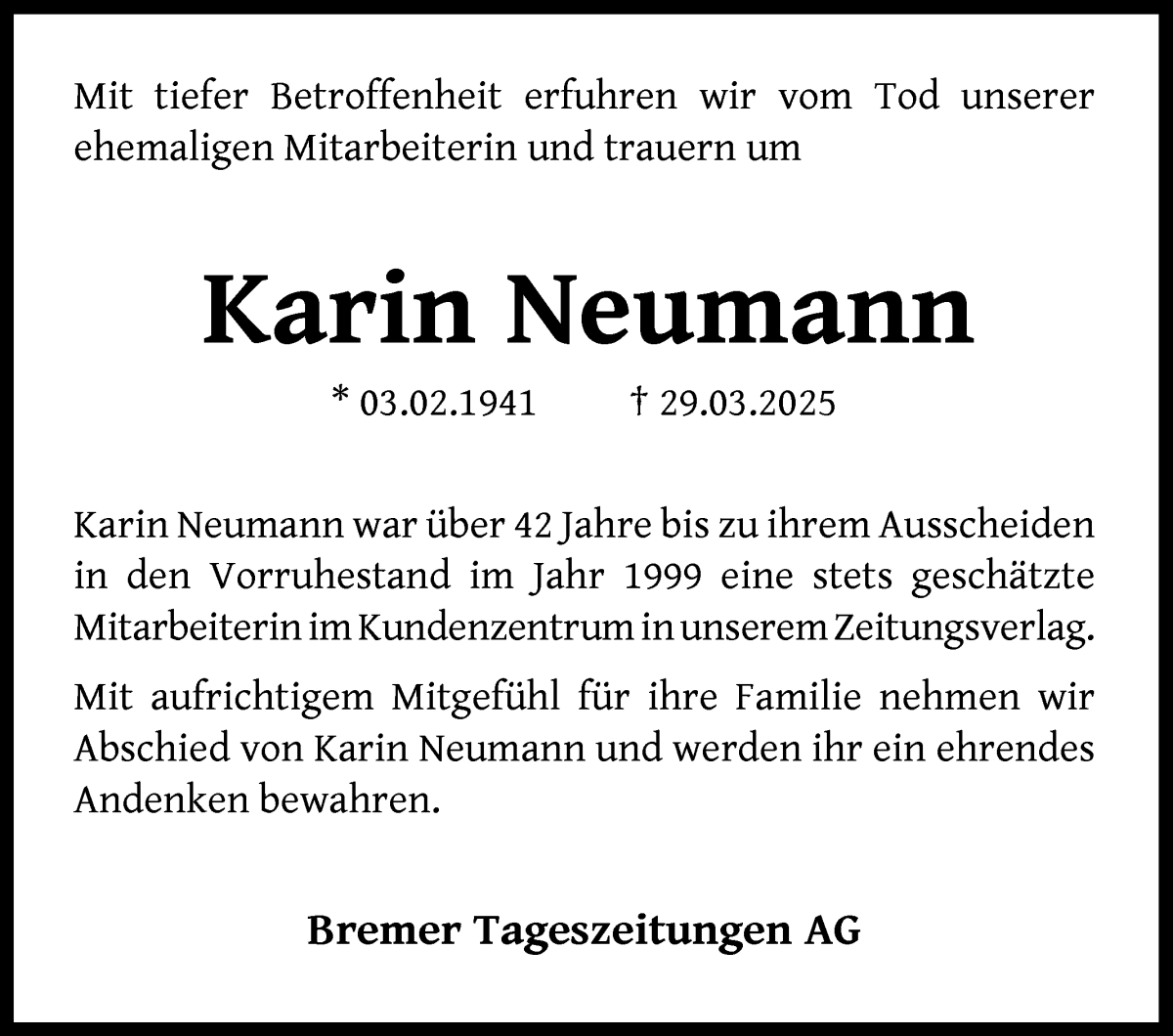 Traueranzeige von Karin Neumann von WESER-KURIER