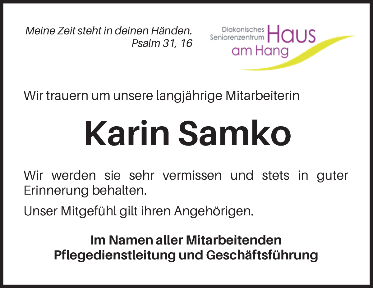 Traueranzeige von Karin Samko von Osterholzer Kreisblatt