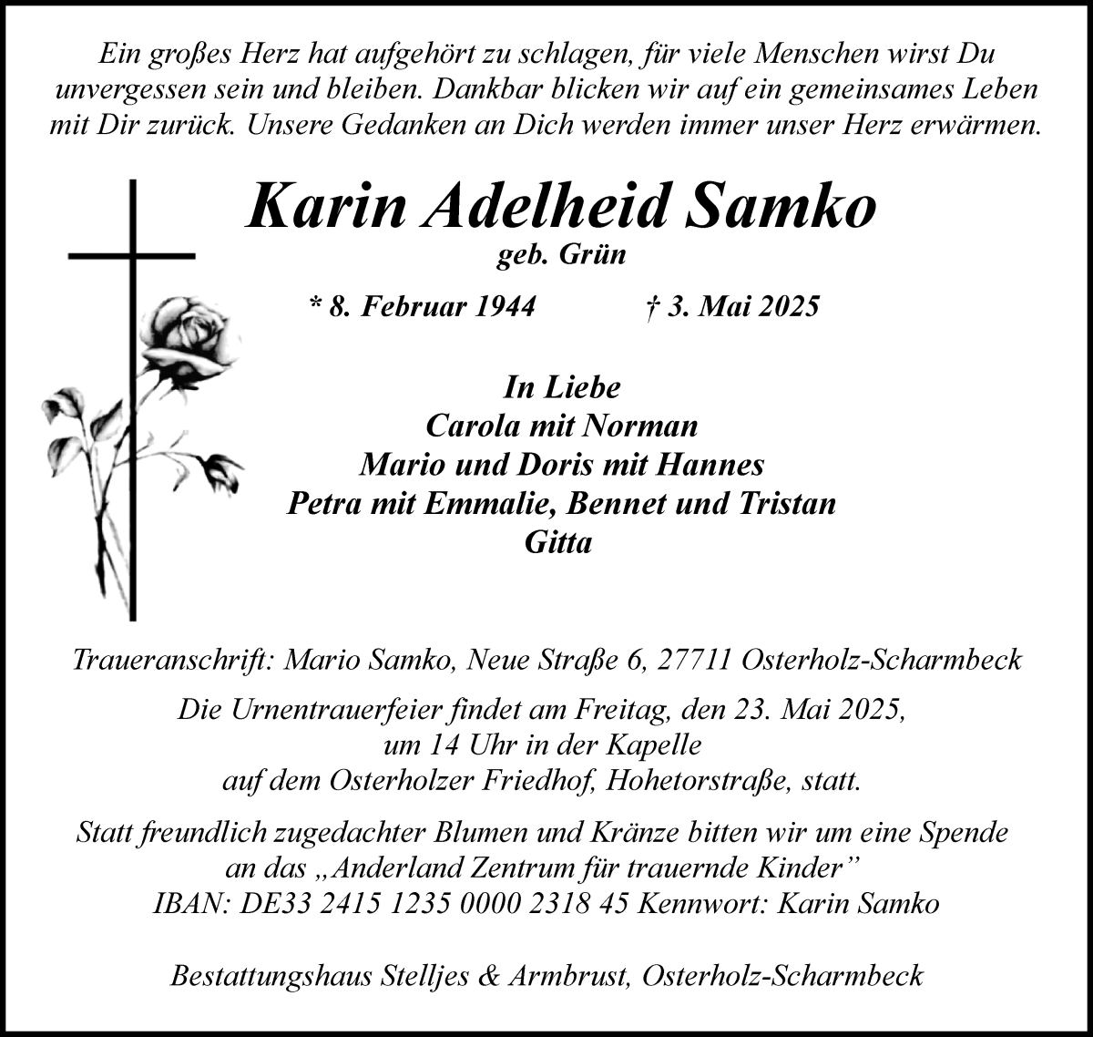 Traueranzeige von Karin Adelheid Samko von Osterholzer Kreisblatt