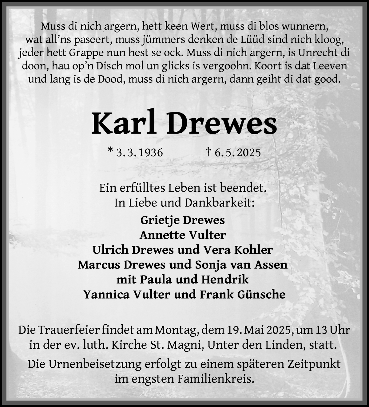 Traueranzeige von Karl Drewes von Die Norddeutsche