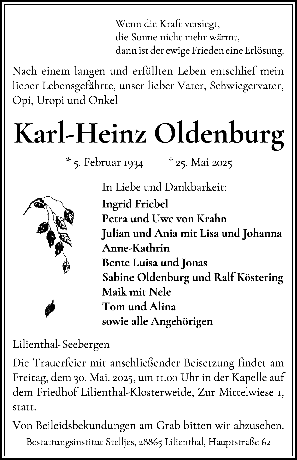 Traueranzeige von Karl-Heinz Oldenburg von Wuemme Zeitung