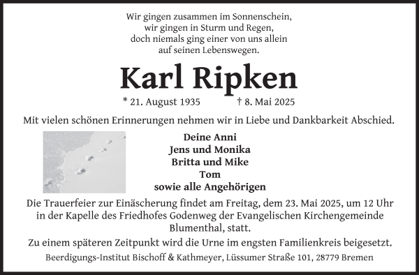 Traueranzeige von Karl Ripken von Die Norddeutsche