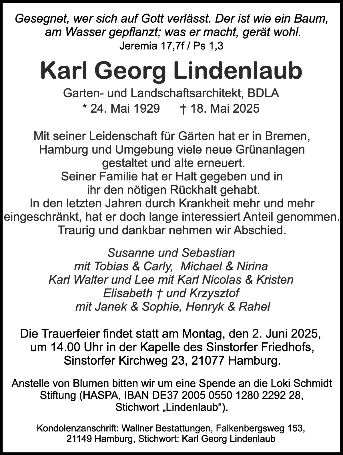 Traueranzeige von Karl Georg Lindenlaub von WESER-KURIER