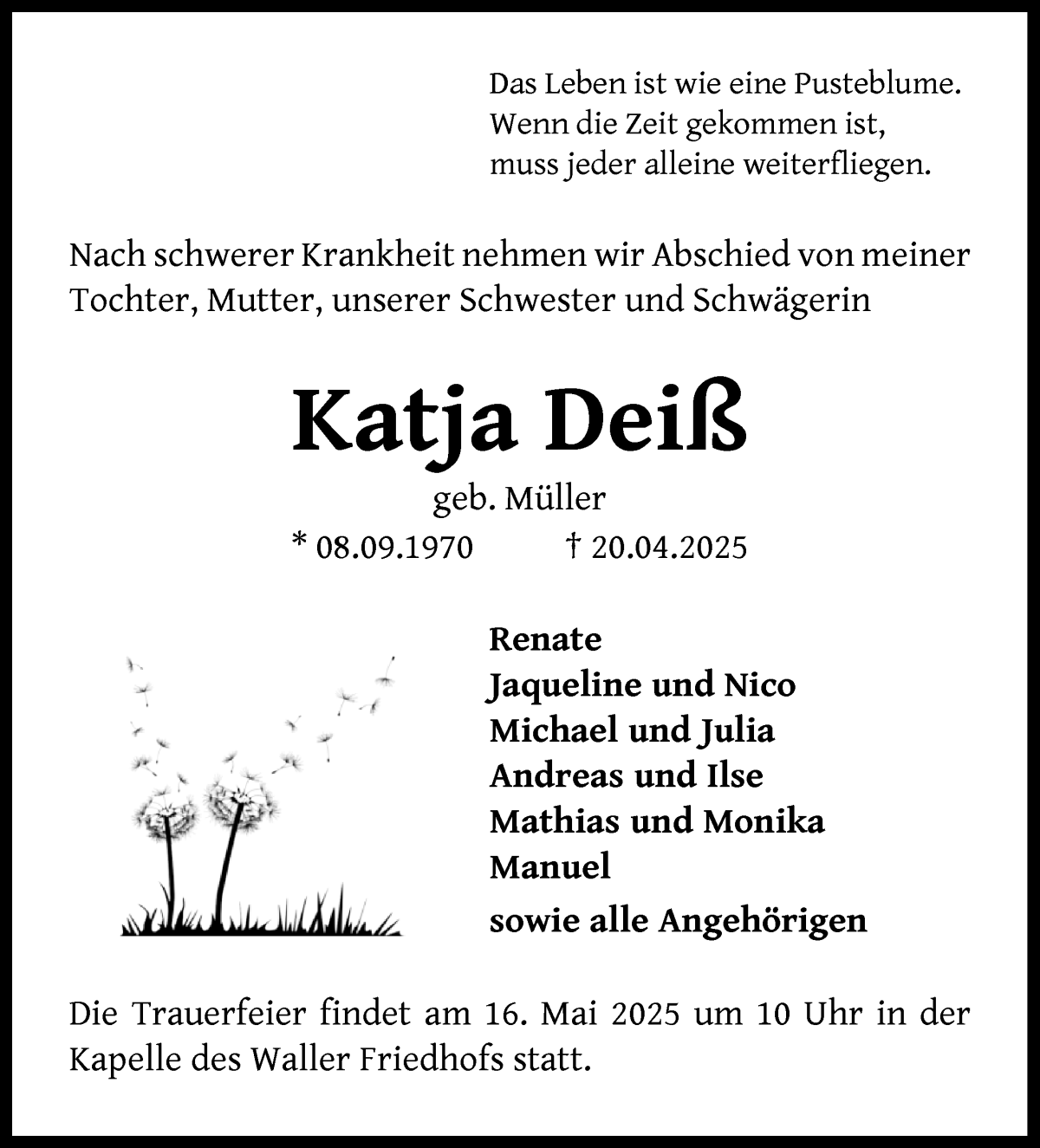 Traueranzeige von Katja Deiß von WESER-KURIER