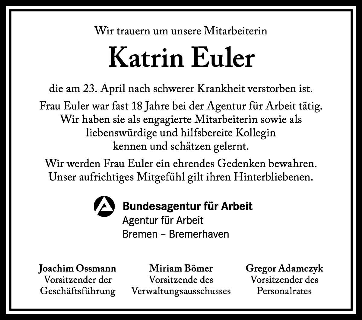 Traueranzeige von Katrin Euler von WESER-KURIER