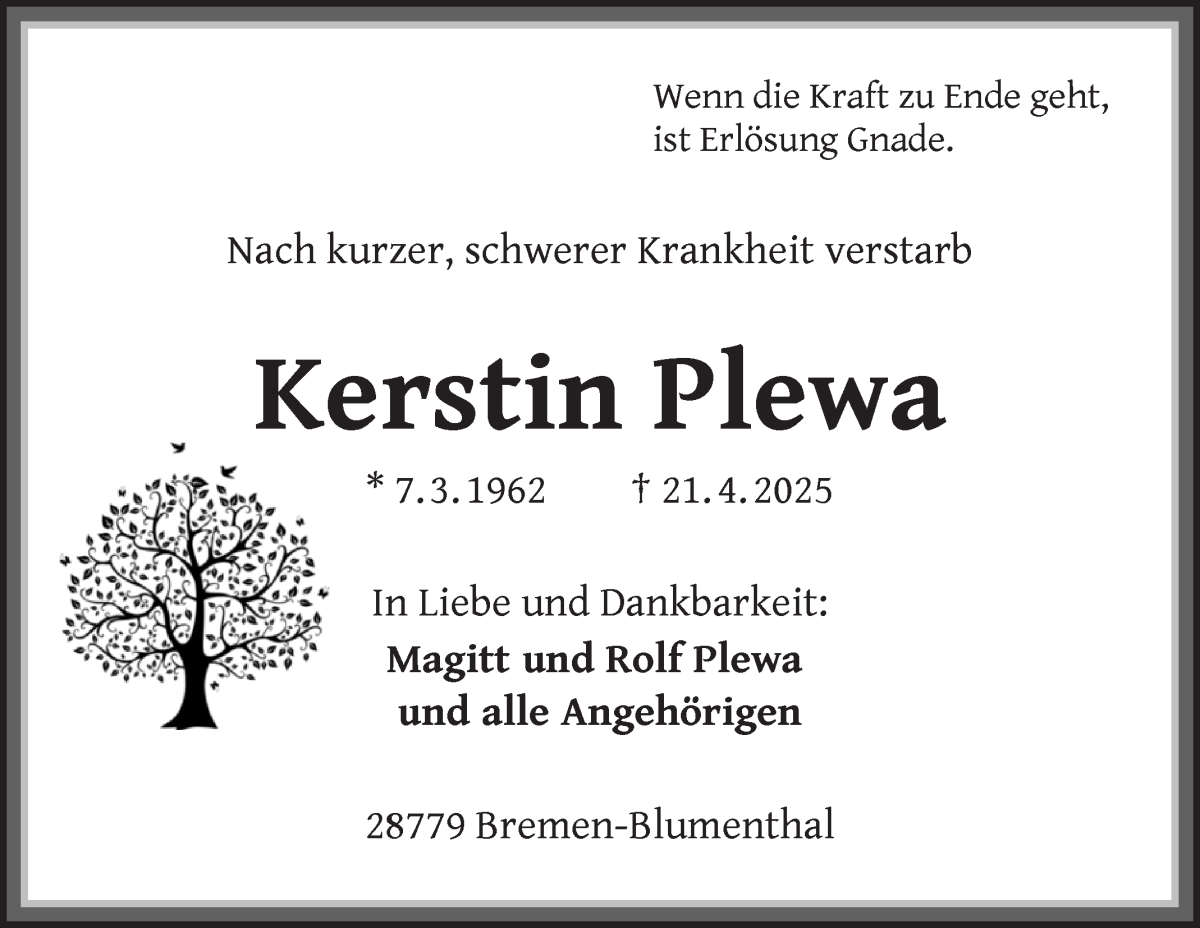 Traueranzeige von Kerstin Plewa von Die Norddeutsche