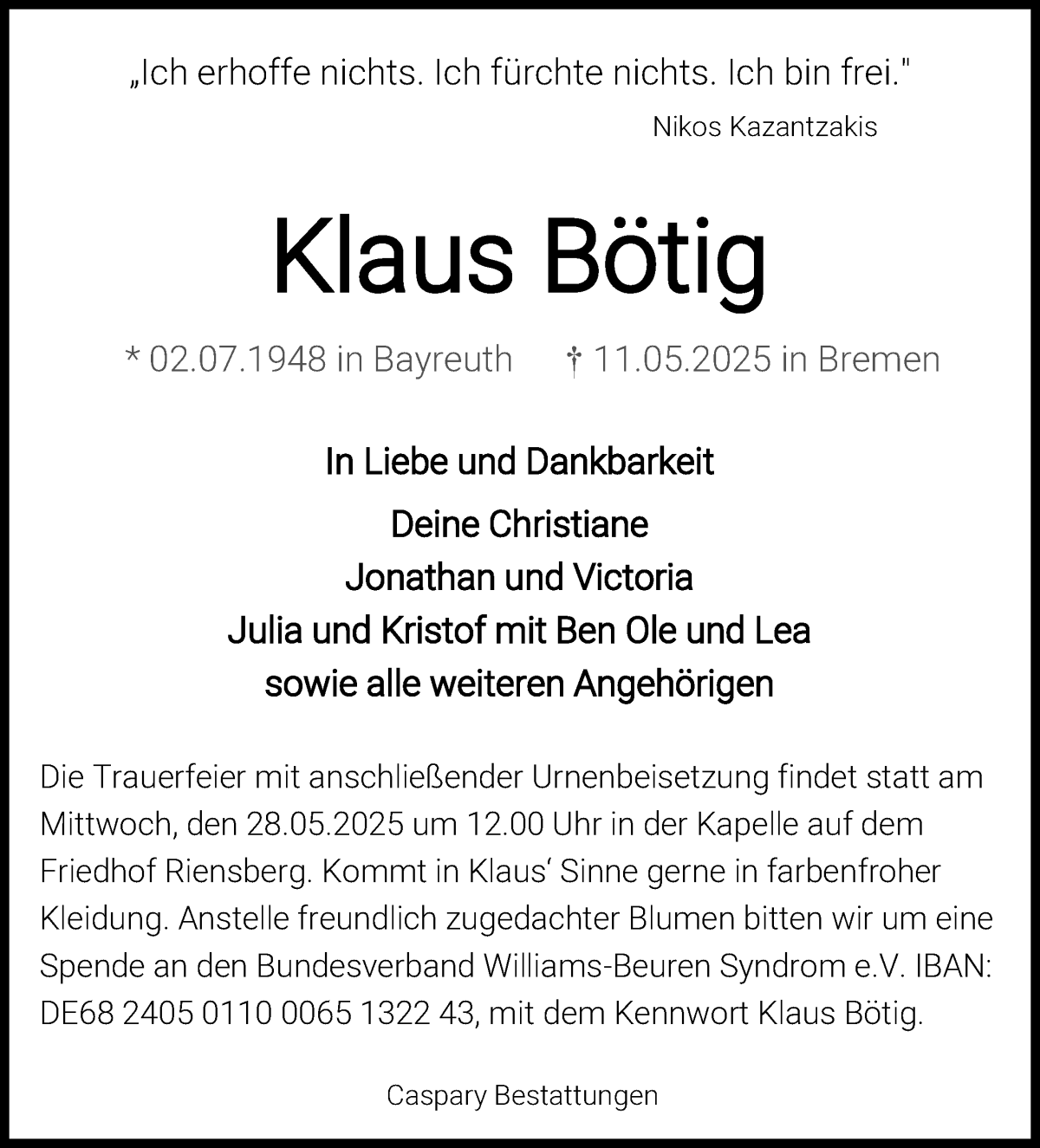 Traueranzeige von Klaus Bötig von WESER-KURIER