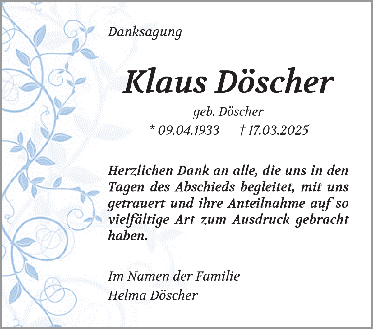Traueranzeige von Klaus Döscher von WESER-KURIER