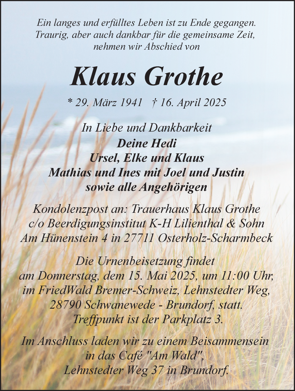 Traueranzeige von Klaus Grothe von WESER-KURIER
