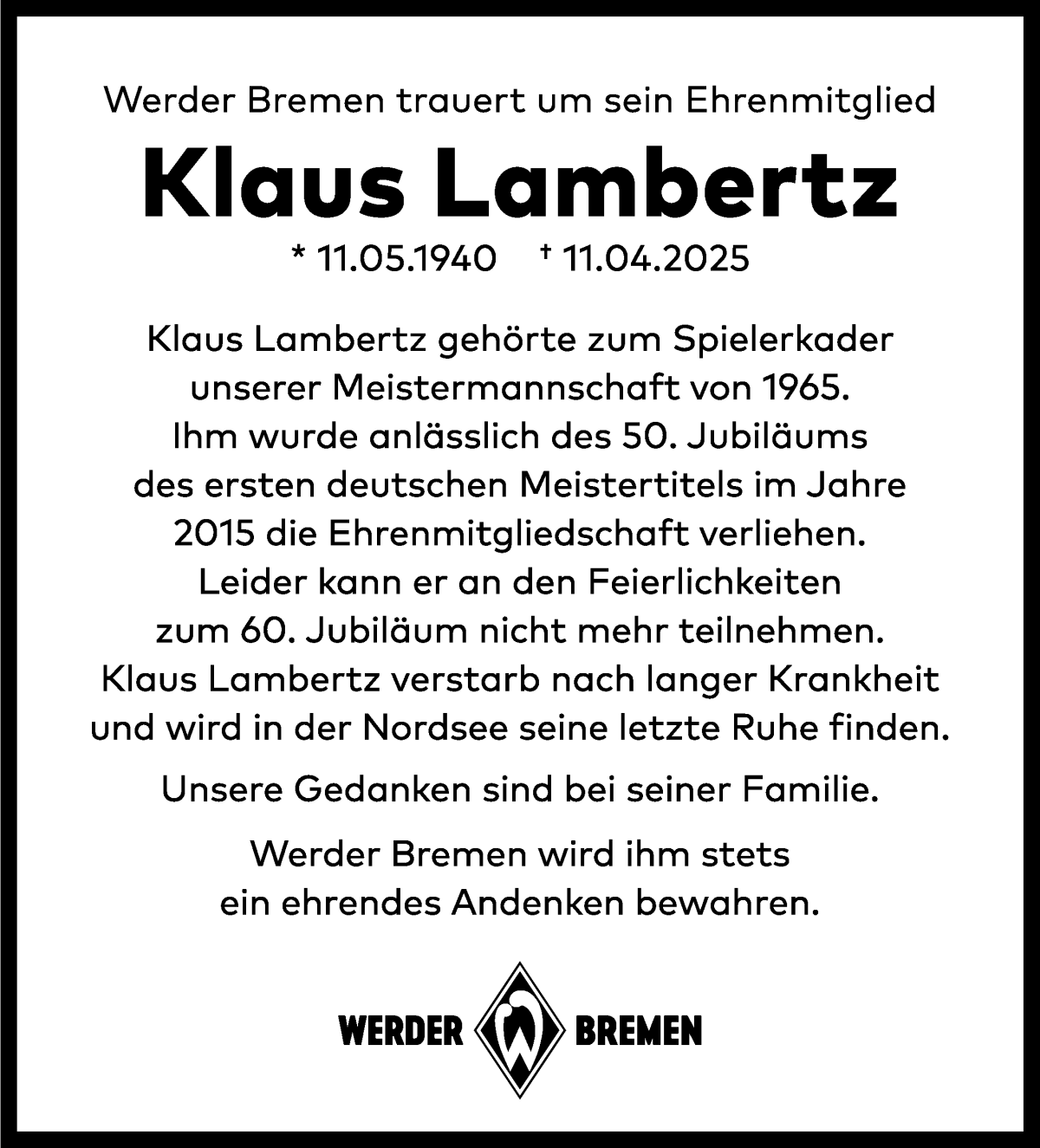 Traueranzeige von Klaus Lamerbertz von WESER-KURIER