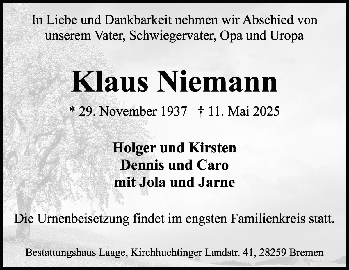 Traueranzeige von Klaus Niemann von WESER-KURIER