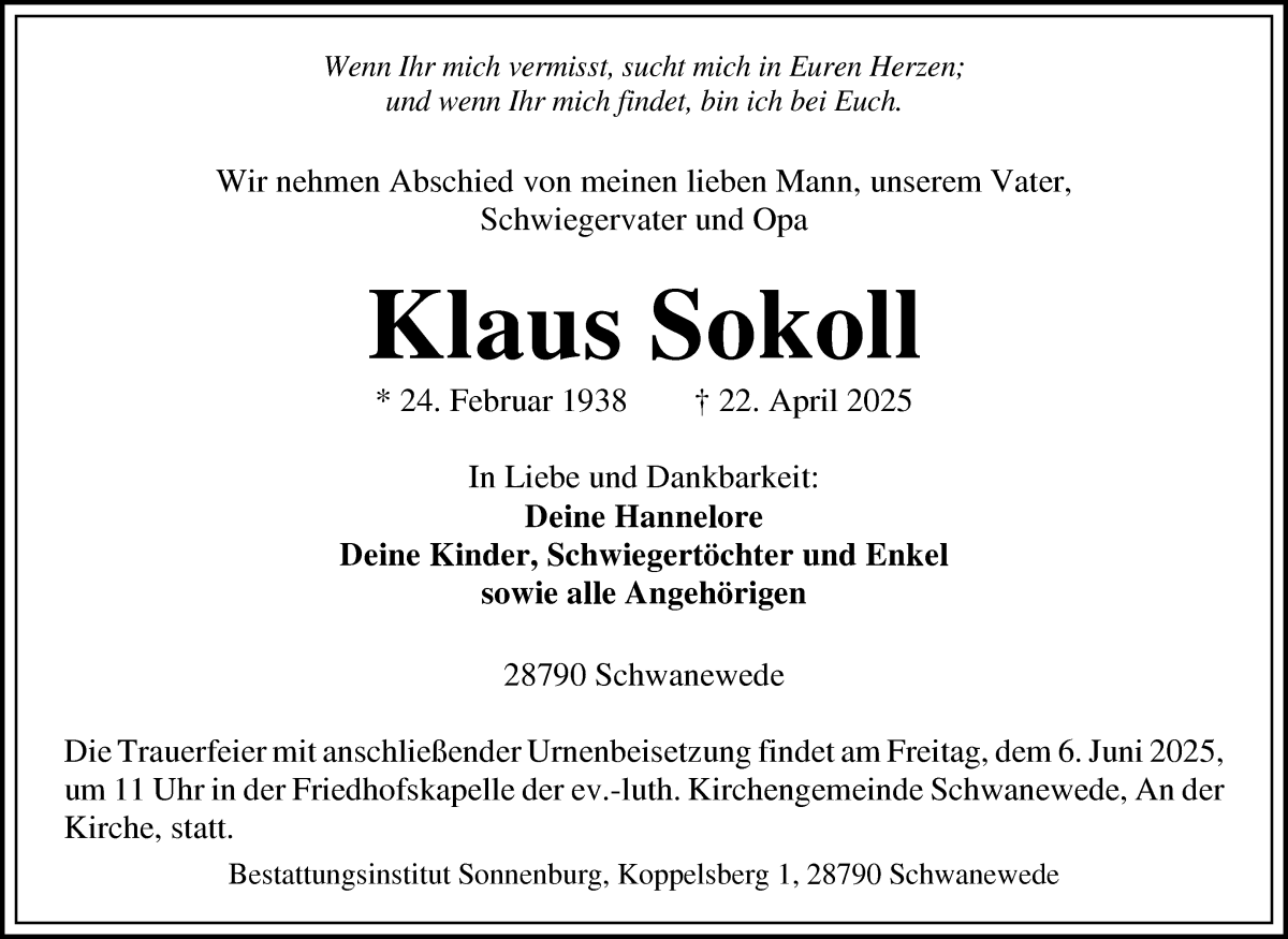 Traueranzeige von Klaus Sokoll von Die Norddeutsche