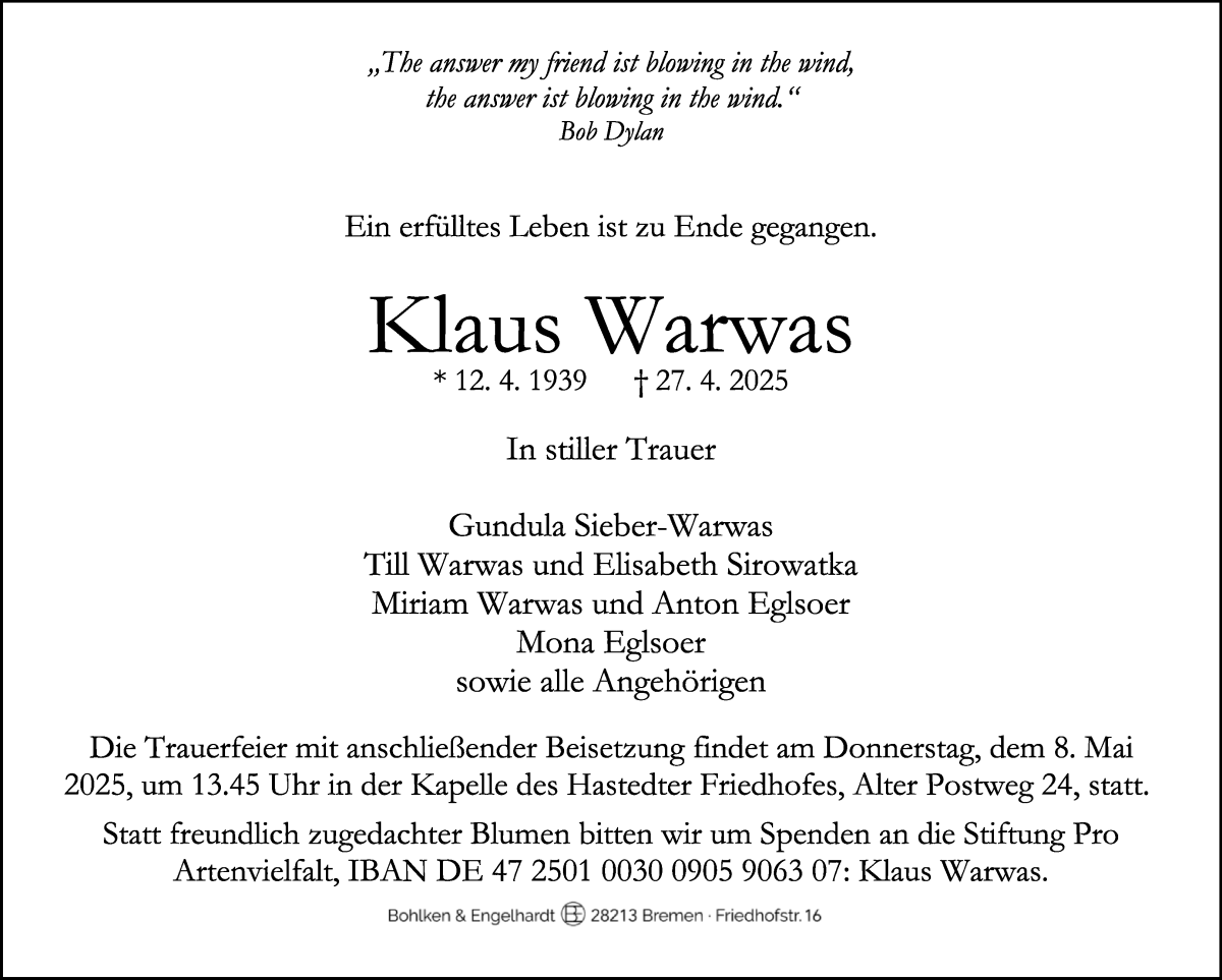 Traueranzeige von Klaus Warwas von WESER-KURIER