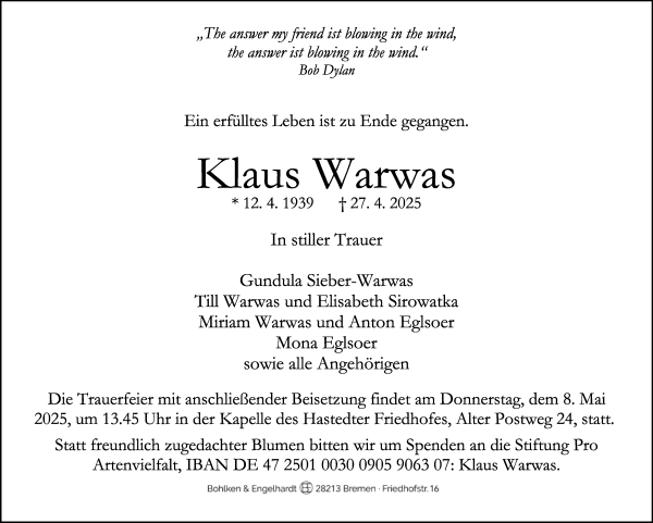 Traueranzeige von Klaus Warwas von WESER-KURIER