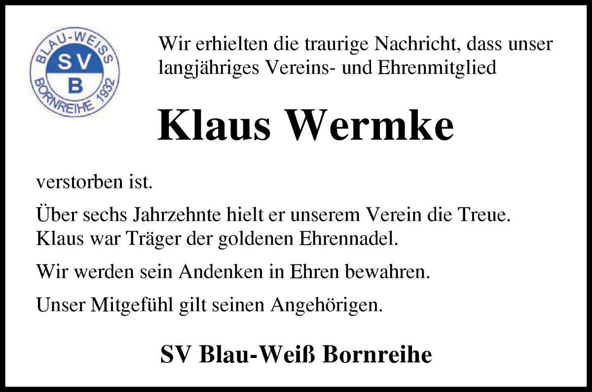 Traueranzeige von Klaus Wermke von Osterholzer Kreisblatt