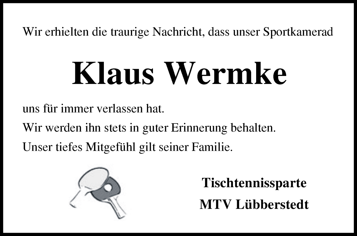 Traueranzeige von Klaus Wermke von Osterholzer Kreisblatt