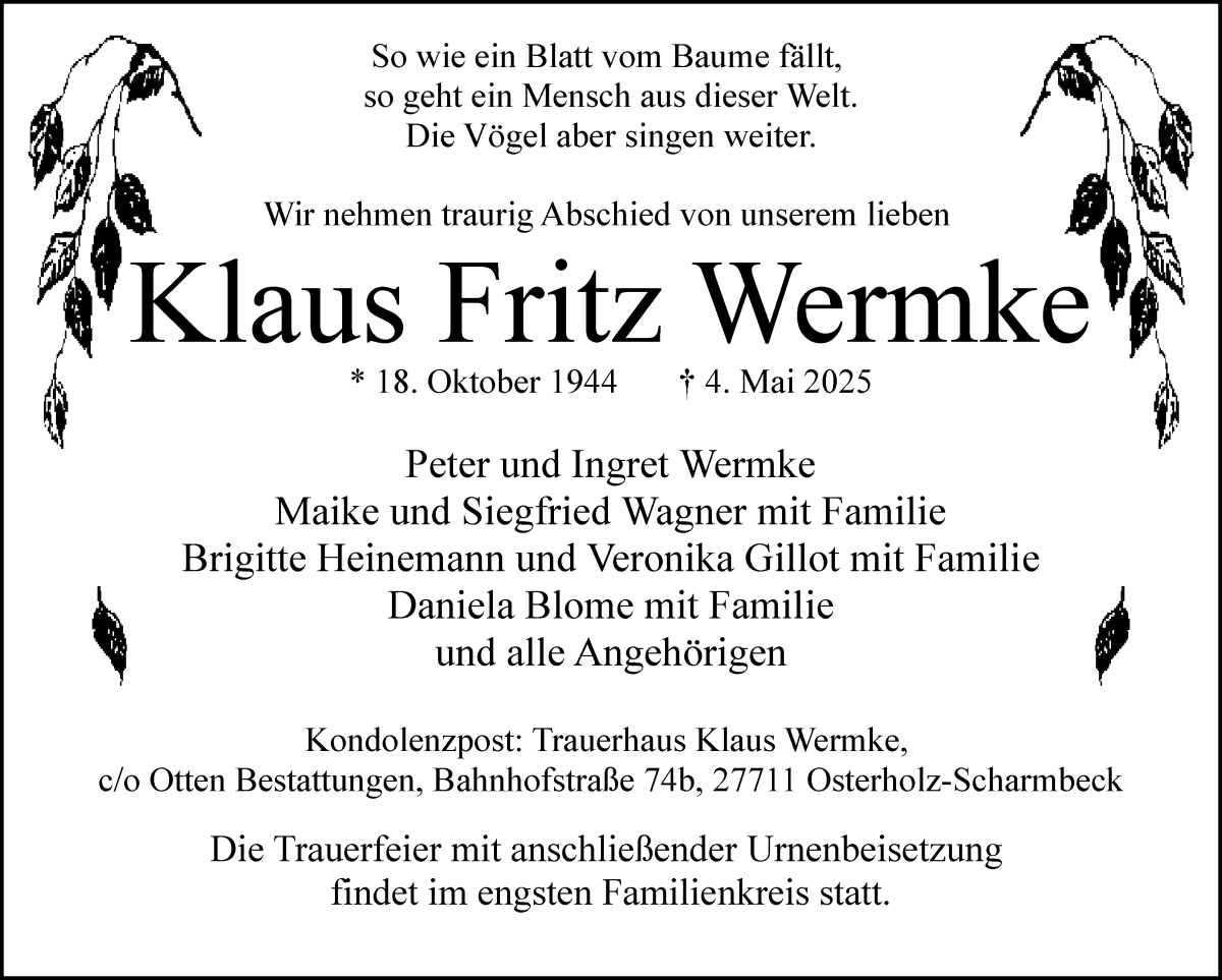 Traueranzeige von Klaus Fritz Wermke von Osterholzer Kreisblatt