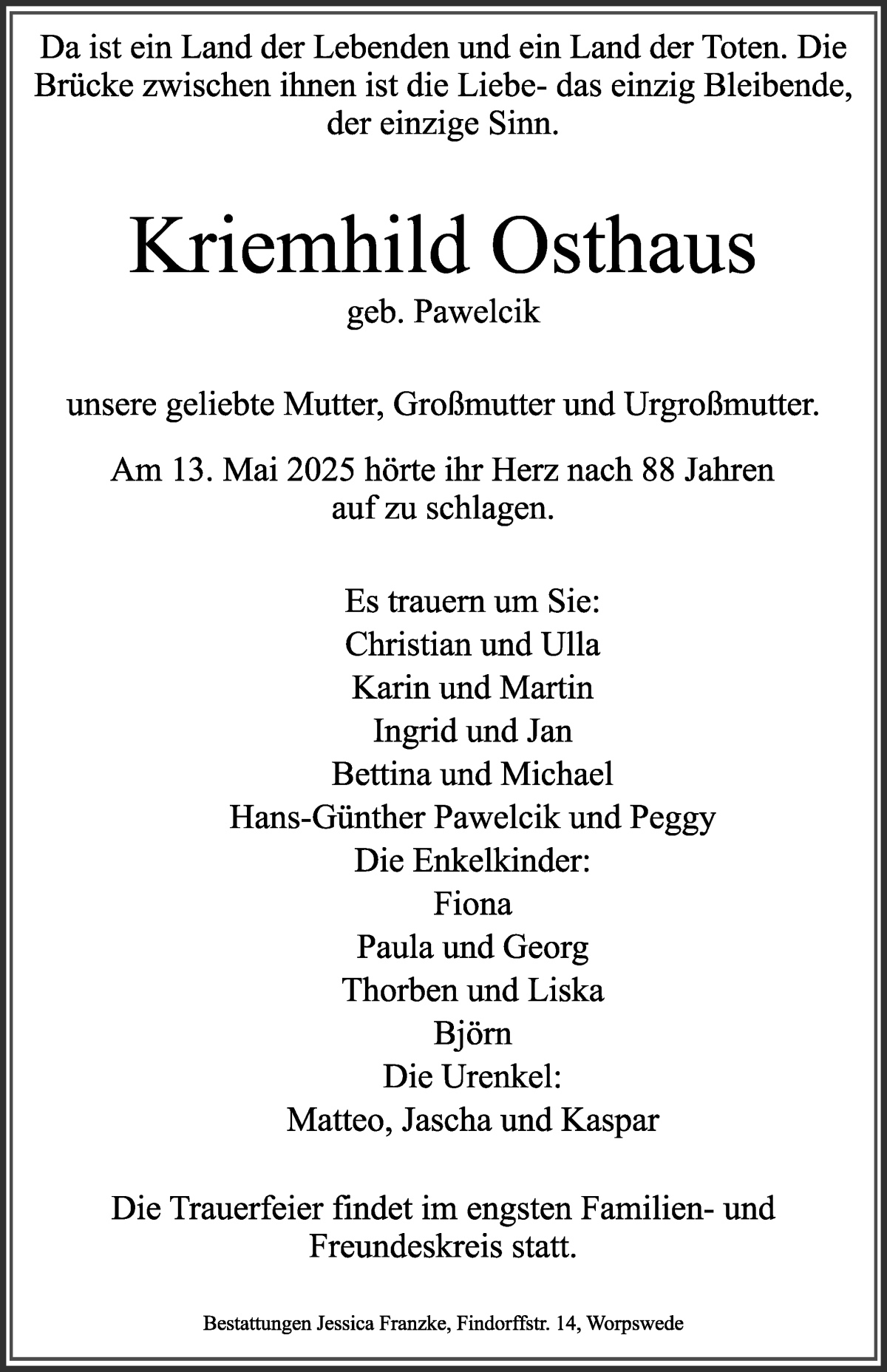 Traueranzeige von Kriemhild Osthaus von Wuemme Zeitung
