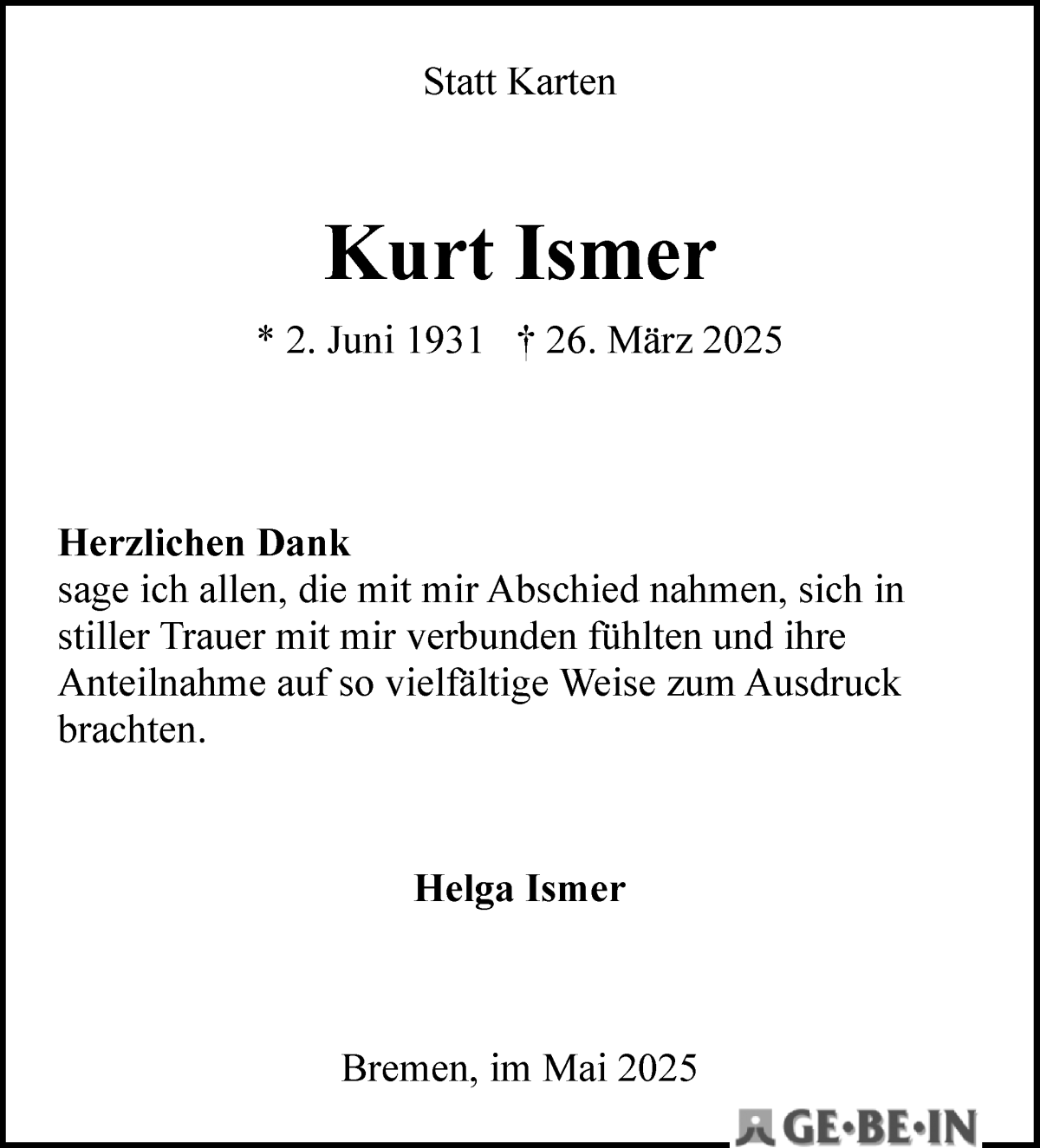 Traueranzeige von Kurt Ismer von WESER-KURIER