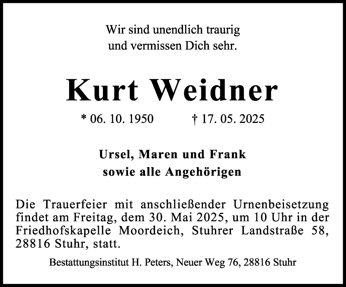Traueranzeige von Kurt Weidner von WESER-KURIER
