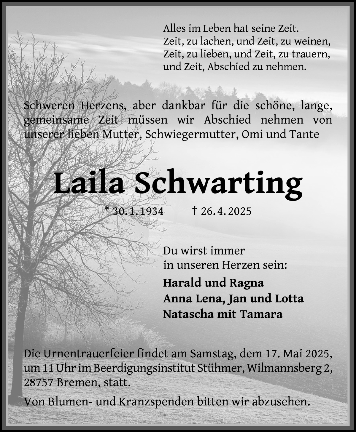 Traueranzeige von Laila Schwarting von WESER-KURIER