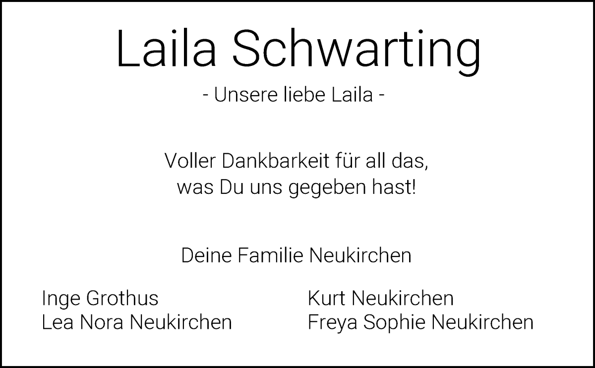 Traueranzeige von Laila Schwarting von WESER-KURIER