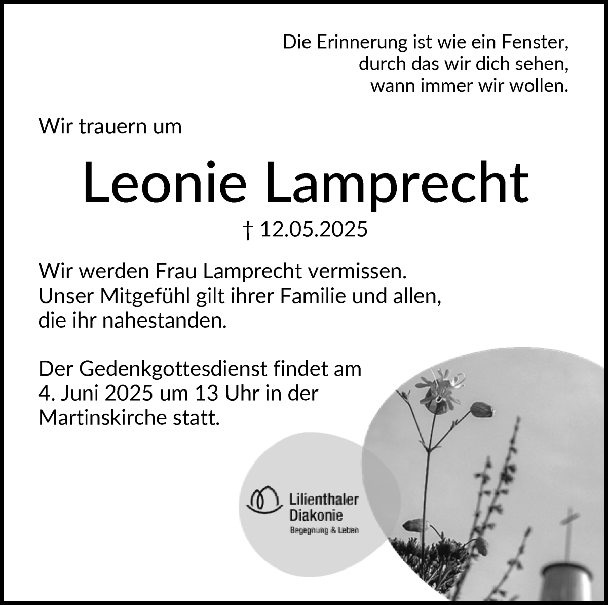 Traueranzeige von Leonie Lamprecht von Wuemme Zeitung