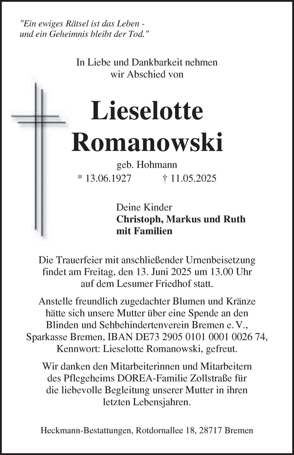 Traueranzeige von Lieselotte Romanowski von Die Norddeutsche