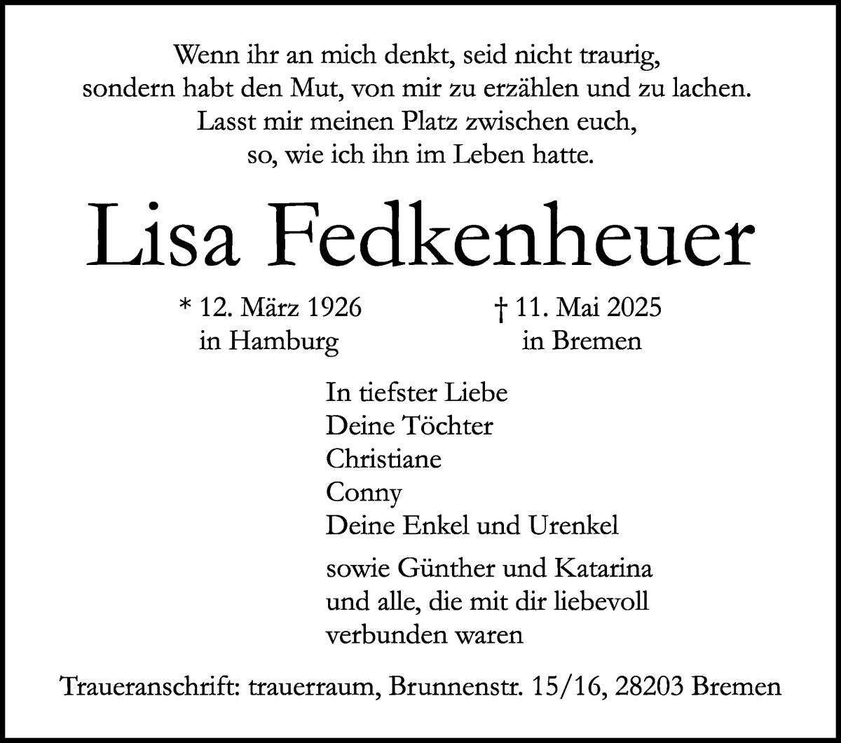 Traueranzeige von Lisa Fedkenheuer von WESER-KURIER