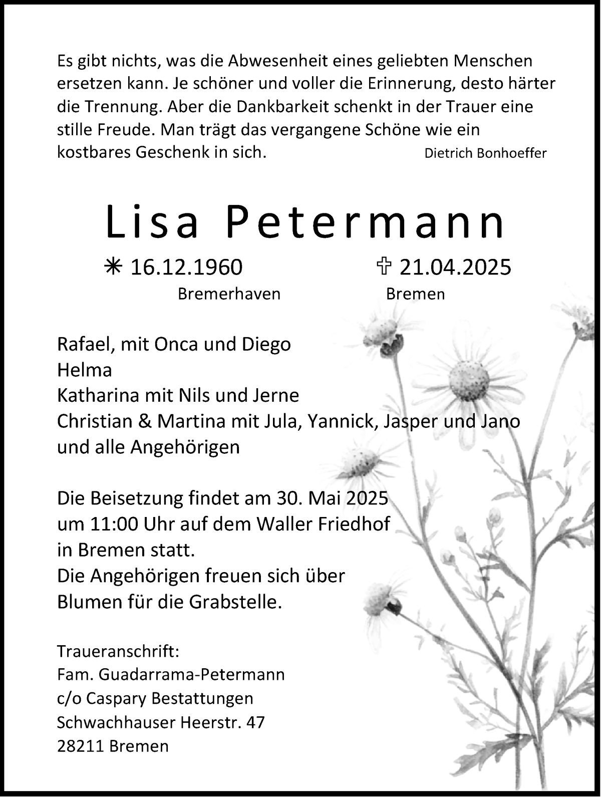 Traueranzeige von Lisa Petermann von WESER-KURIER